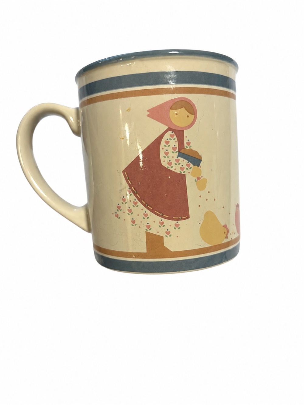 Vintage Country Folk Art Mug Farmers With Chickens Apples Coffee Cup Cottagecore